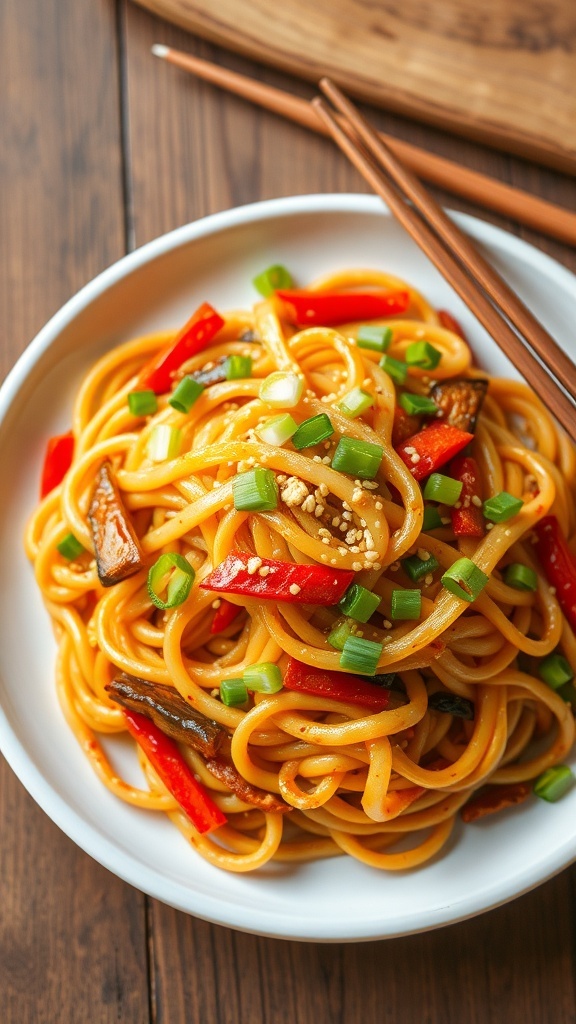 Crispy udon noodles stir-fried with bell peppers, broccoli, and carrots, garnished with green onions and sesame seeds.